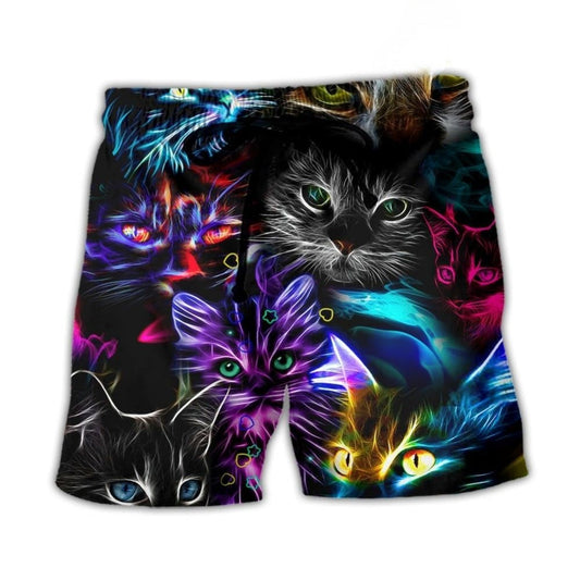 Funny Cat Neon Light Colorful Beach Shorts Print View For Coastal Escapes And Casual Outings
