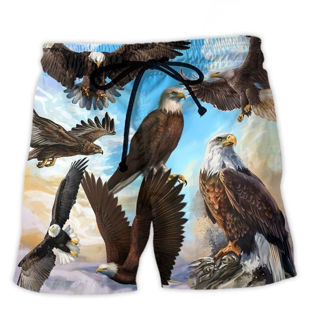 Eagle Flying Blue Sky Freedom Beach Shorts Artwork Detail For Comfortable Everyday Summer Wear