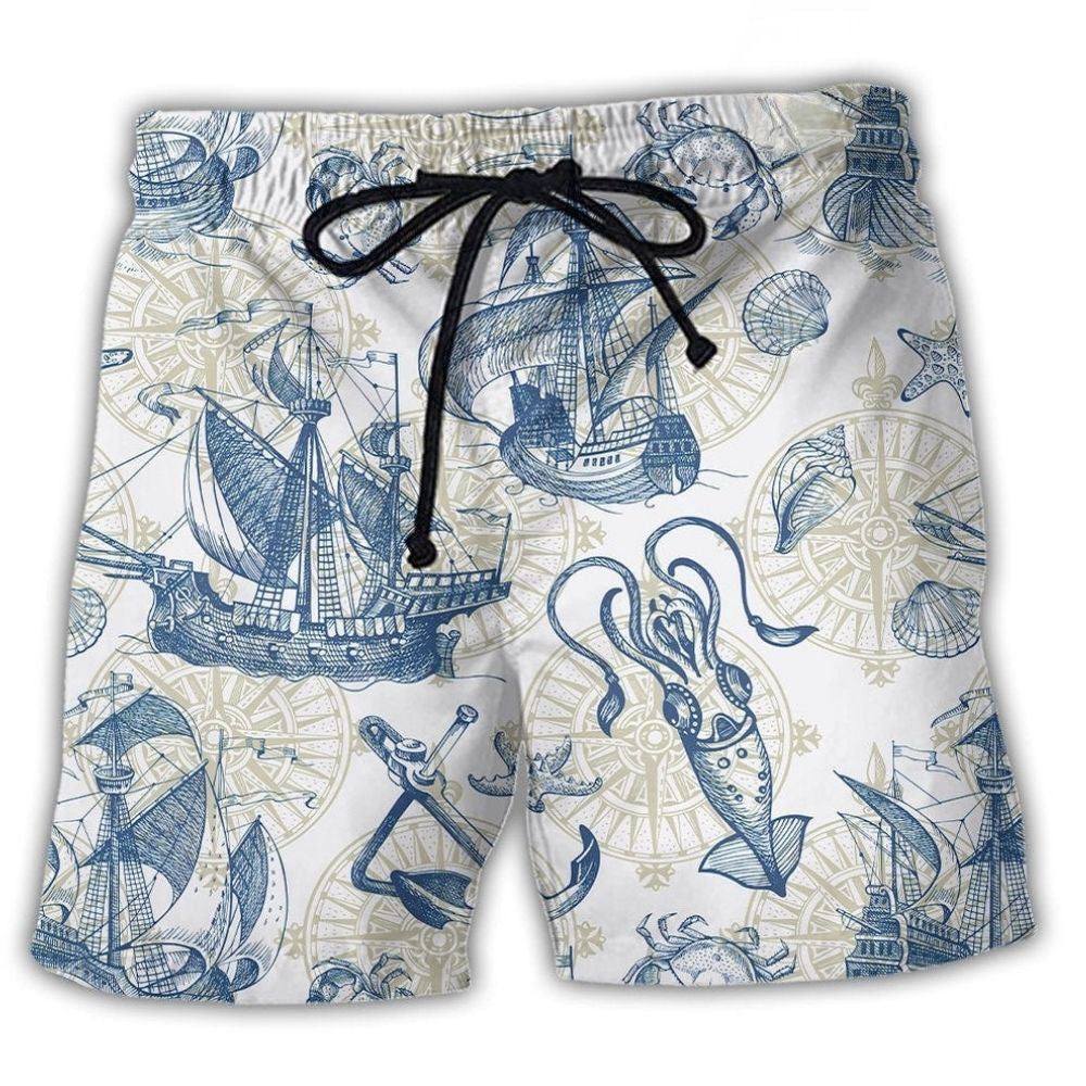 Vintage Sailboat Sea Monster Map Beach Shorts Print View For Coastal Escapes And Casual Outings