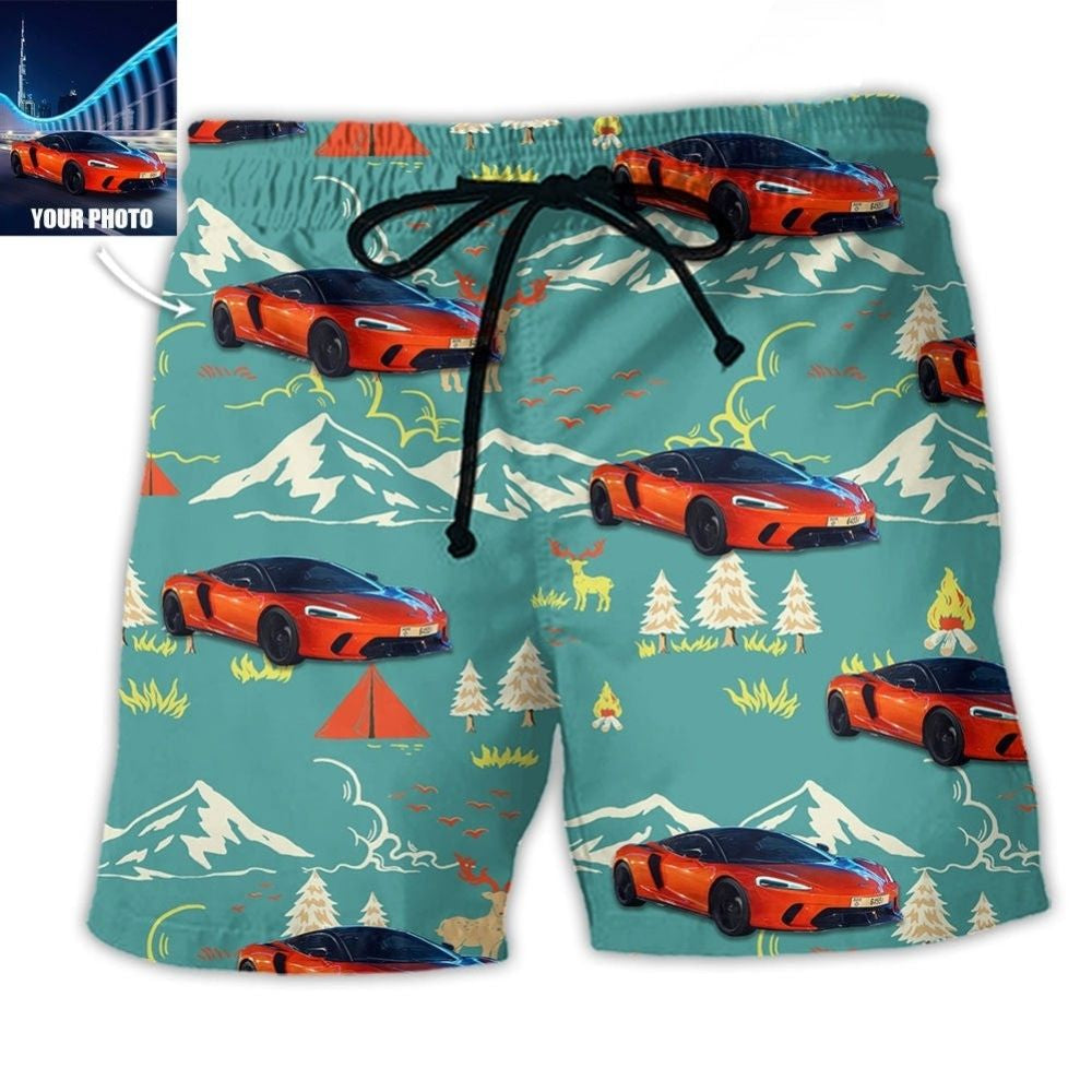 Car Driving Through Mountain Road Personalized Photo Beach Shorts Print Detail For Beach Activities And Vacation Wear