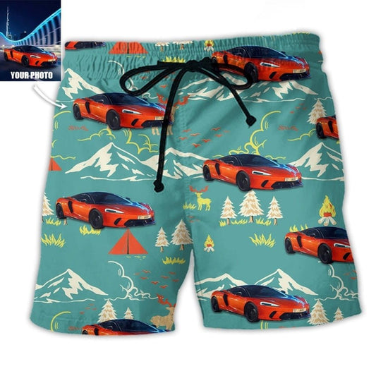 Car Driving Through Mountain Road Personalized Photo Beach Shorts Print Detail For Beach Activities And Vacation Wear