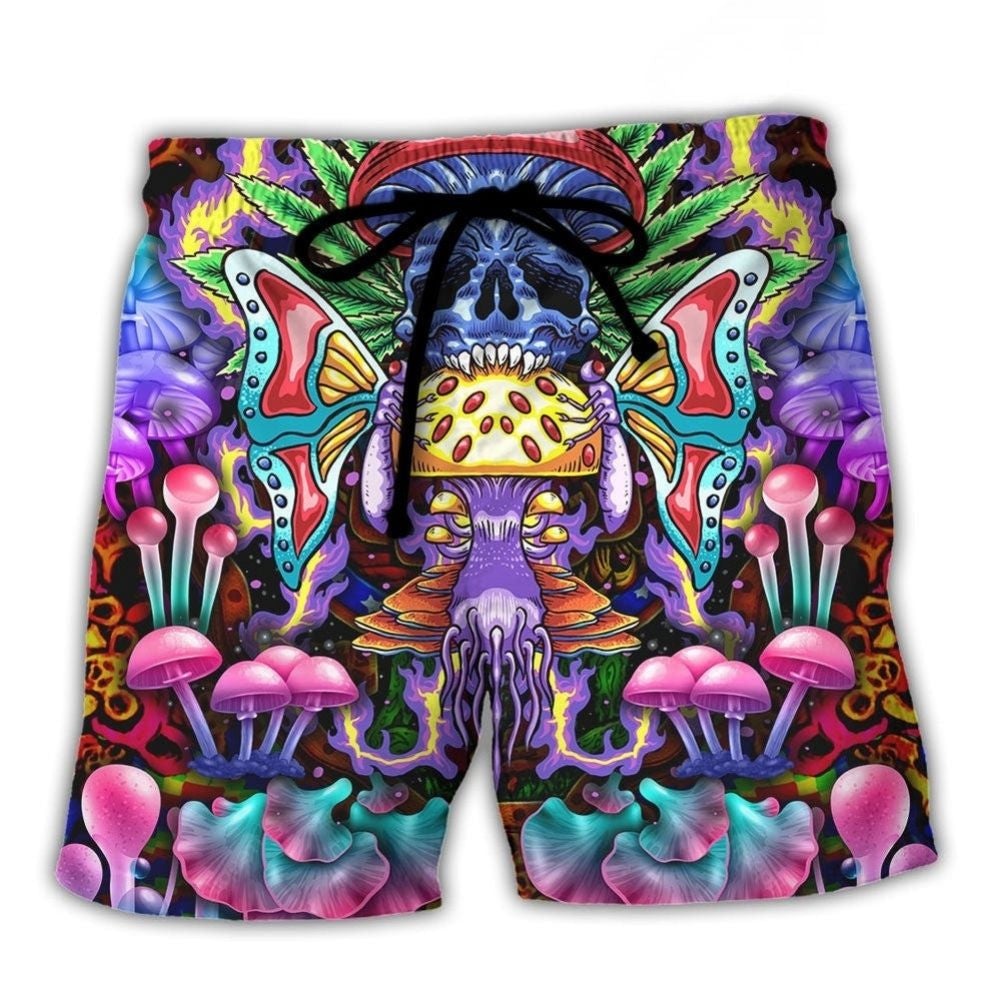 Hippie Mushroom And Skull Colorful Beach Shorts Design Detail For Casual Warm Weather Outfits