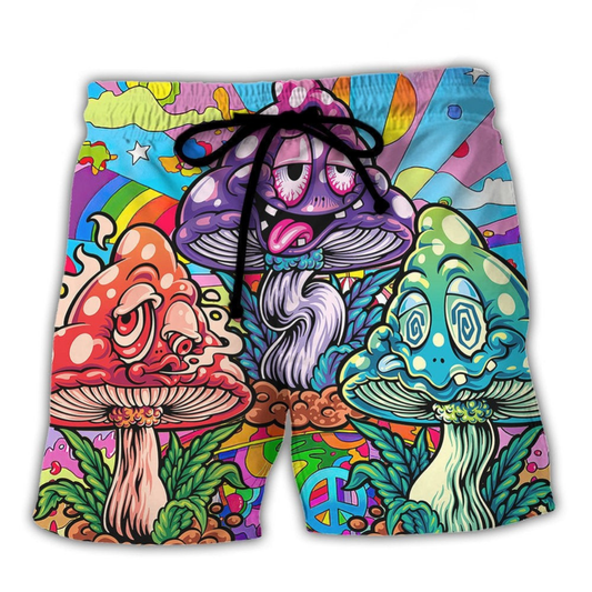 Colorful Hippie Mushroom Happy Life Beach Shorts Pattern Detail For Sunny Outdoor Activities