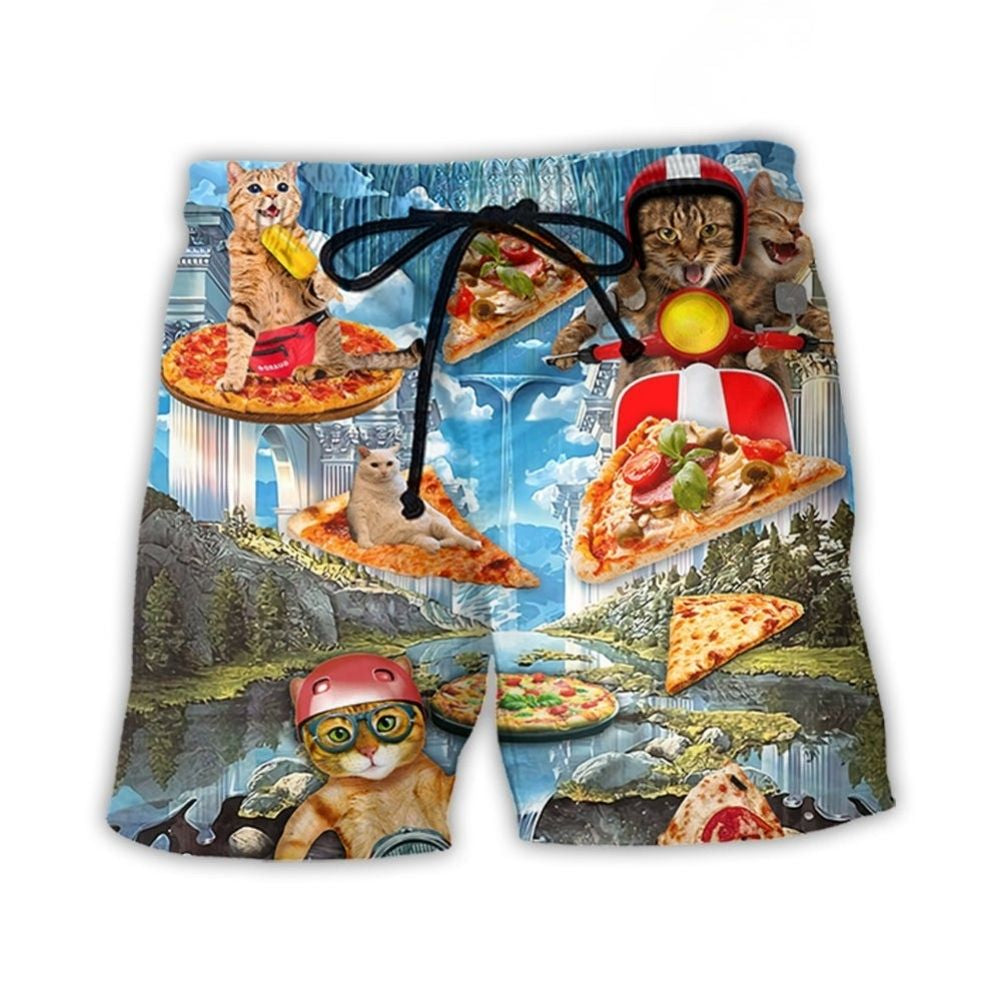 Cat And Pizza Funny Combo Beach Shorts Design Detail For Casual Warm Weather Outfits