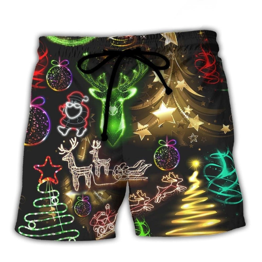 Neon Christmas Tree And Snowman Cool Beach Shorts Artwork View For Seaside Trips And Casual Style