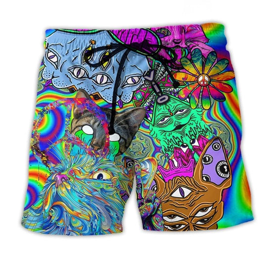 Hippie Cat Trippy Mind Beach Shorts Print Detail For Beach Activities And Vacation Wear