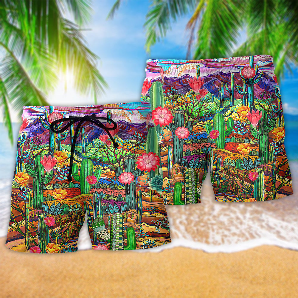 Cactus Flower Field Beach Shorts Pattern Detail For Coastal Travel And Comfortable Daily Wear