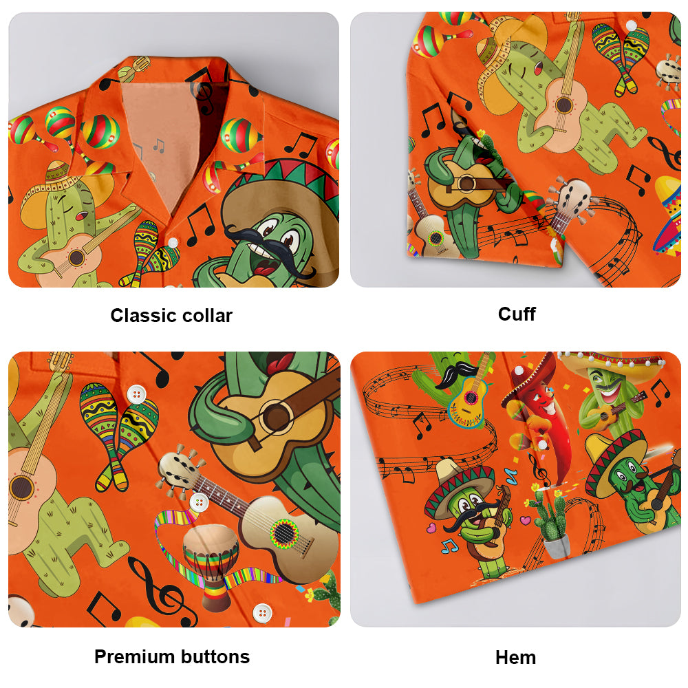 Orange Music Cactus Hawaiian Shirt Pattern Detail For Summer Holidays And Outdoor Fun