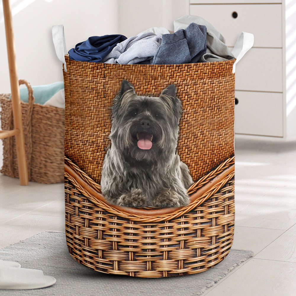Cairn Terrier Dog Rattan Texture Laundry Basket For Room Home Organizer