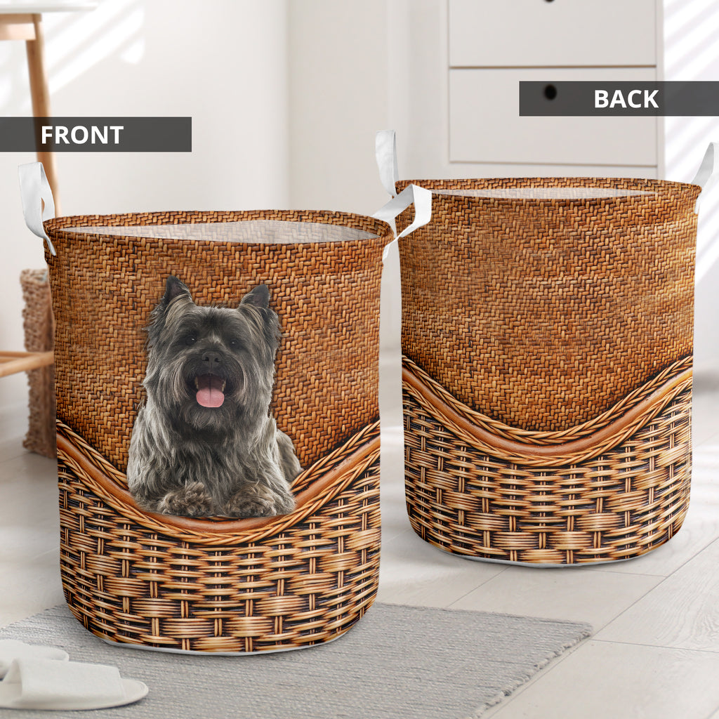Cairn Terrier Dog Rattan Texture Laundry Basket For Nursery Dorm And Home Storage