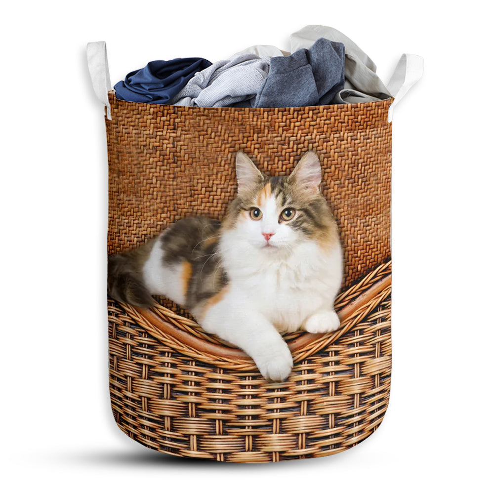 Small Size Calico Cat Rattan Texture Laundry Basket For Bathroom Bedroom Storage