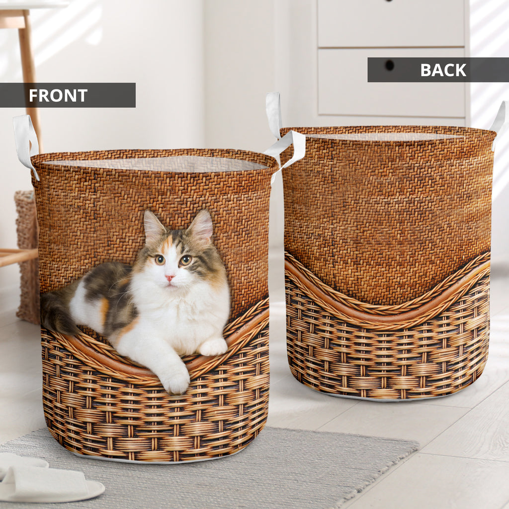 Calico Cat Rattan Texture Laundry Basket For Nursery Dorm And Home Storage
