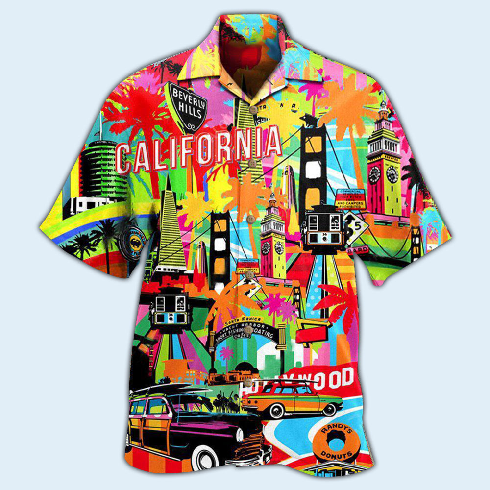 Colorful California Summer Hawaiian Shirt With All Over Print For Resort Holidays Beach Travel And Relaxed Casual Fashion