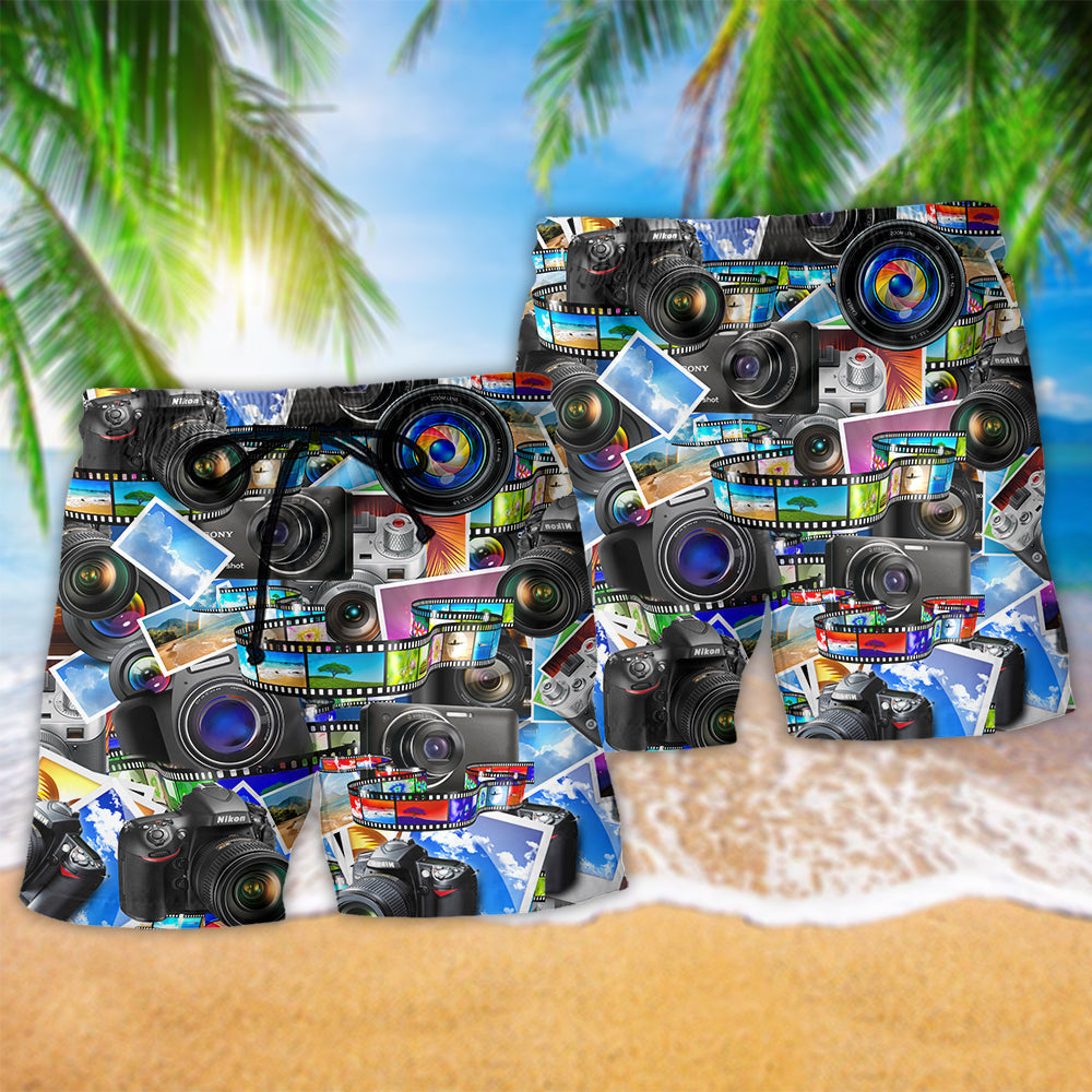Retro Camera Beach Shorts Pattern Detail For Weekend Travel And Relaxed Holiday Style