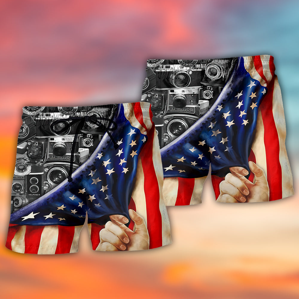 Independence Day Camera Americana Beach Shorts Pattern Detail For Casual Outings And Travel Ready Comfort