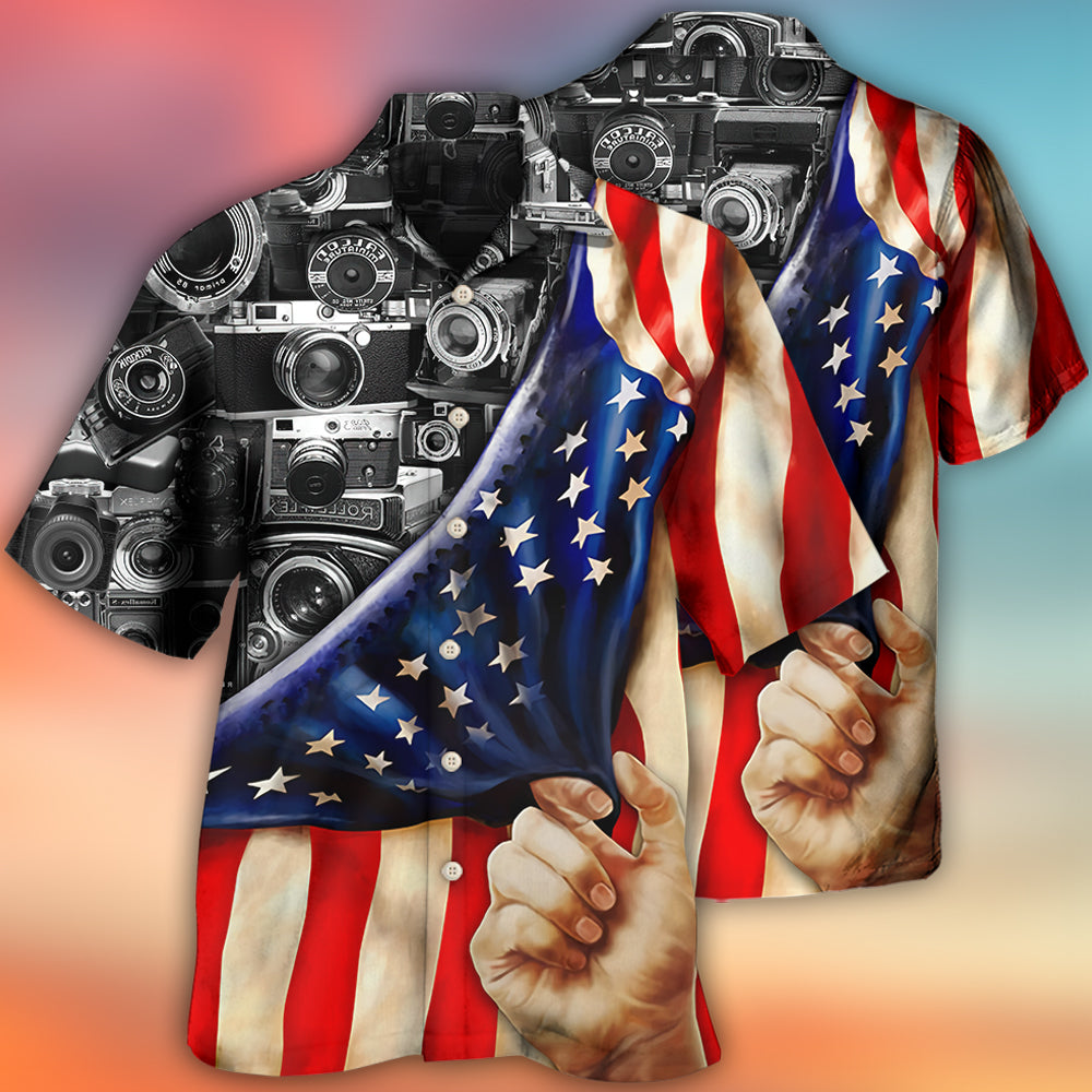 Patriotic Camera Photography Hawaiian Shirt For Coastal Travel, Casual Events, And Comfortable Summer Wear