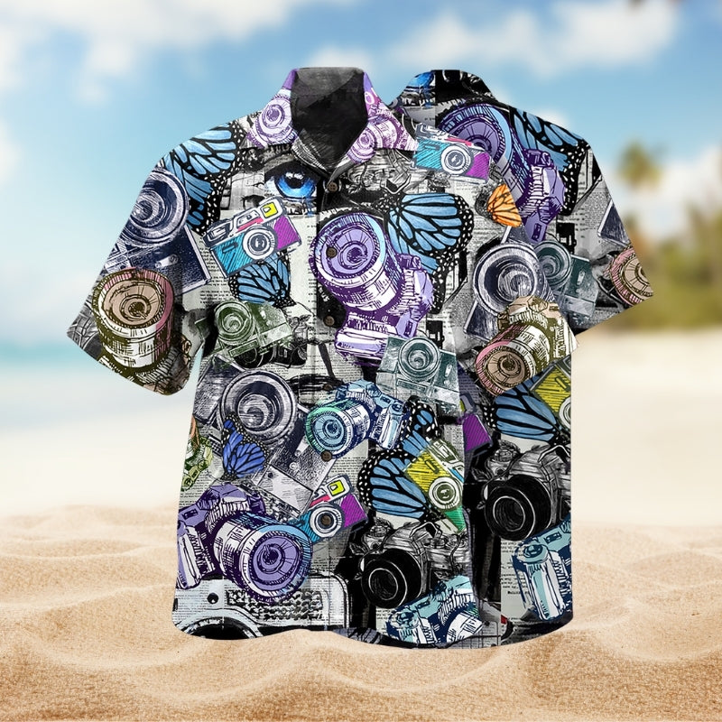 Camera Creative Pattern Hawaiian Shirt For Creative Weekends, Resort Travel, And Comfortable Summer Style