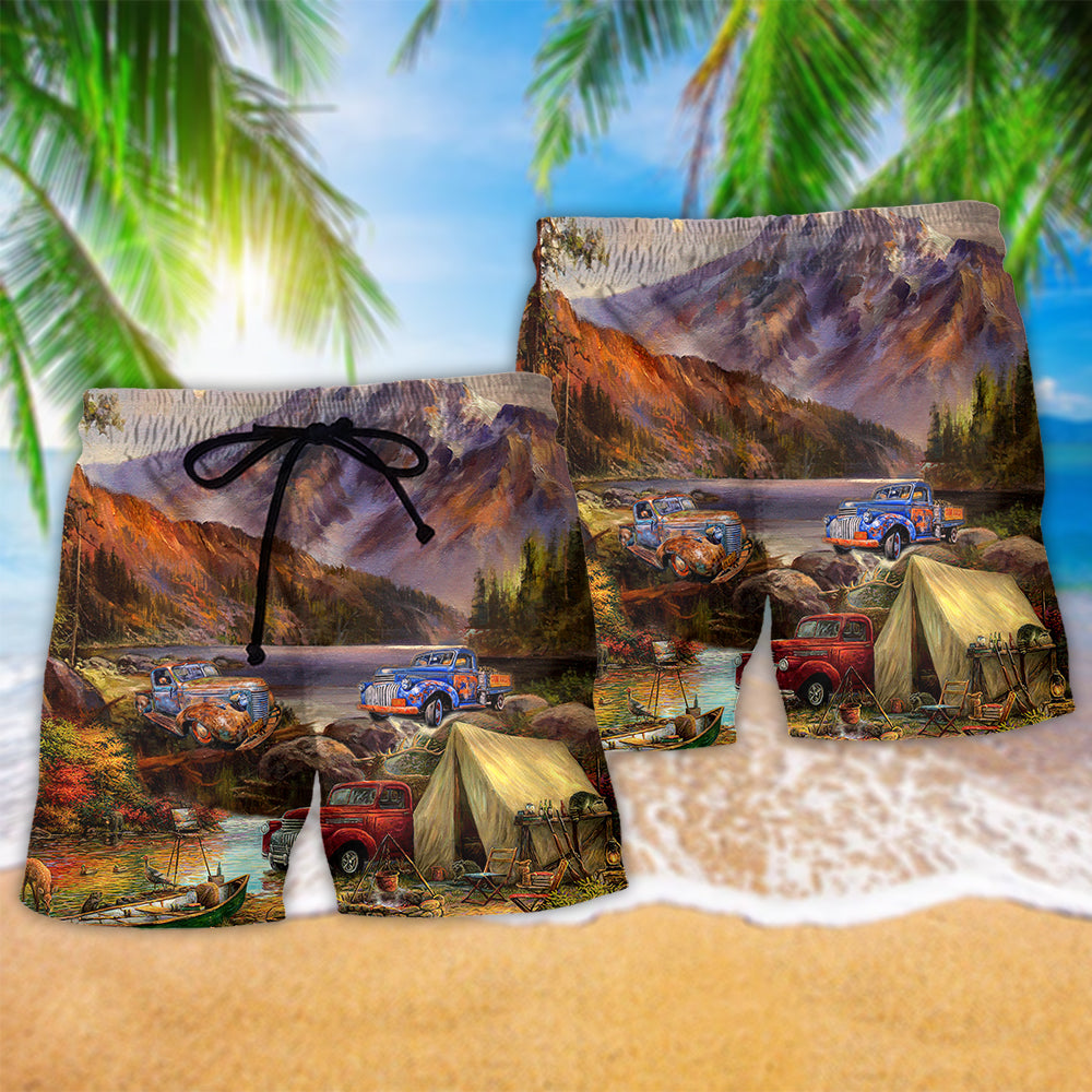 Camping Car Mountain Beach Shorts Pattern Detail For Cruise Vacations And Easygoing Coastal Style
