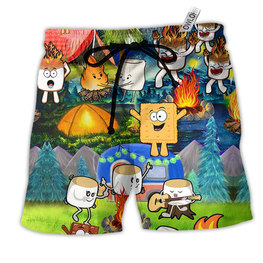 Camping Chocolate Marshmallow Fire Funny Beach Shorts For Resort Trips And Warm Weather Style