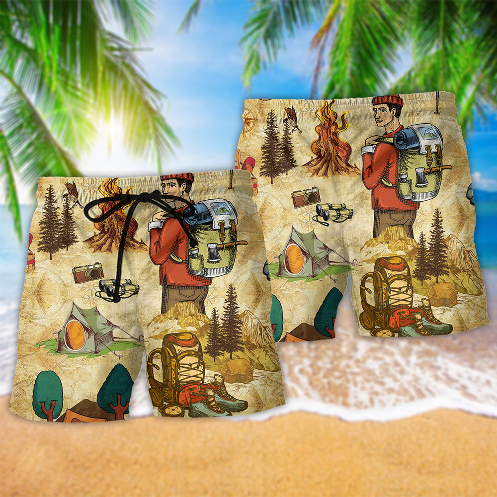 Camping Life Love Human Vintage Beach Shorts Artwork Detail For Tropical Travel And Everyday Wear