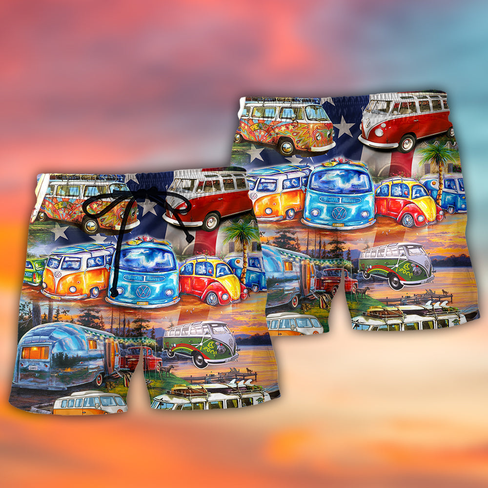 Camping America Independence Day Beach Shorts Pattern View For Nature Adventures And Beach Days