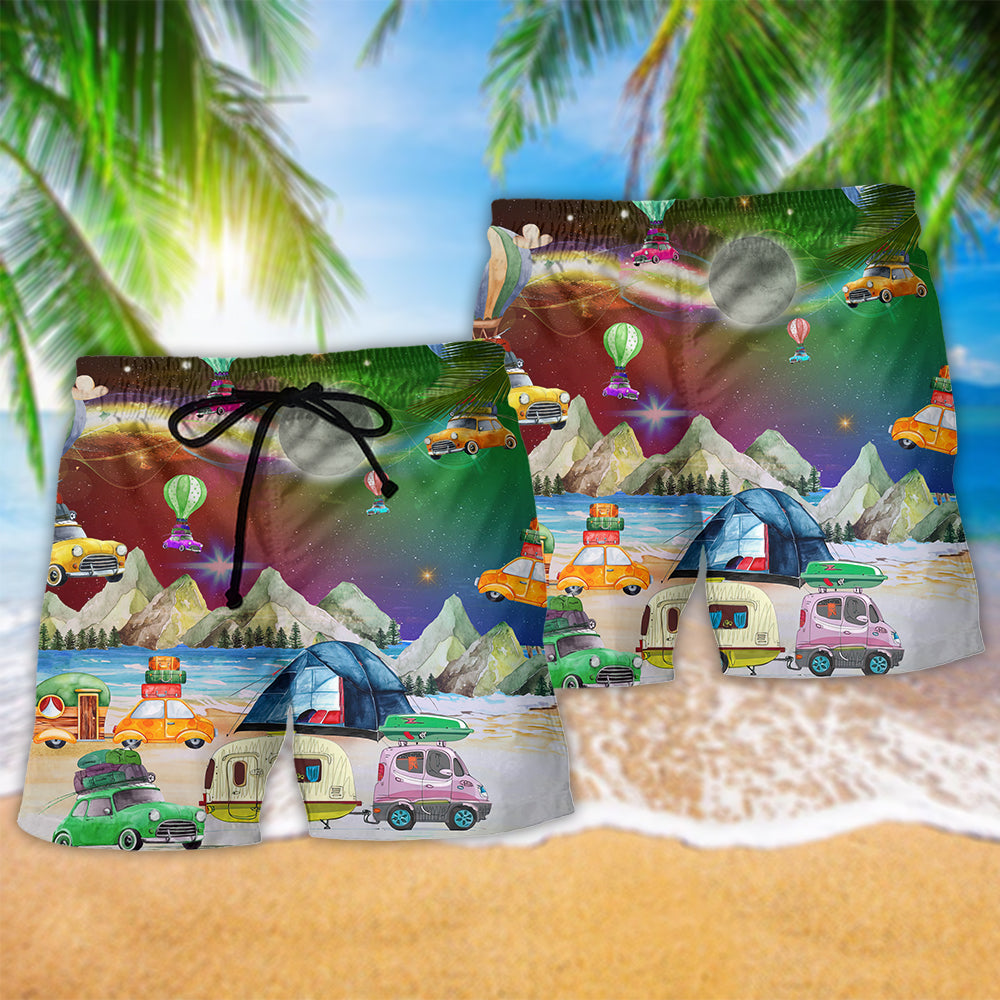 Christmas Camping Night Beach Shorts Pattern Detail For Casual Outings And Bright Summer Outfits