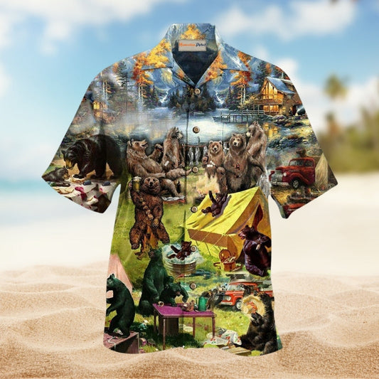 Camping Bear Encounter Humor Hawaiian Shirt For Summer Vacation Beach Travel And Relaxed Casual Wear