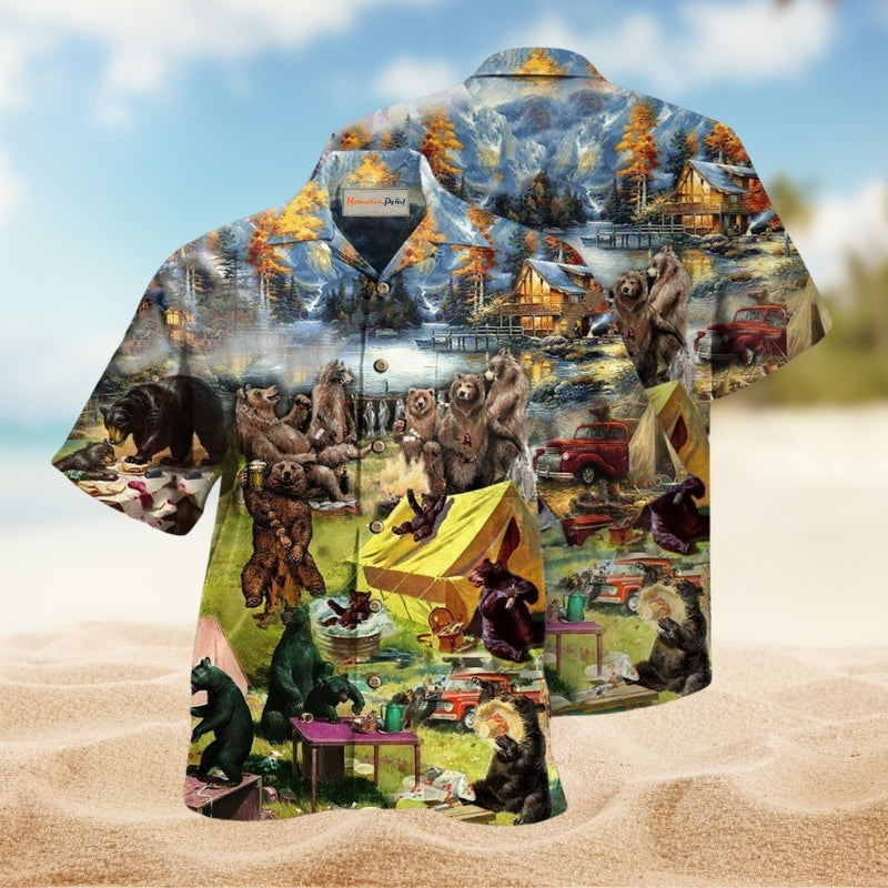 Camping Bear Encounter Humor Hawaiian Shirt For Summer Vacation Beach Travel And Relaxed Casual Wear