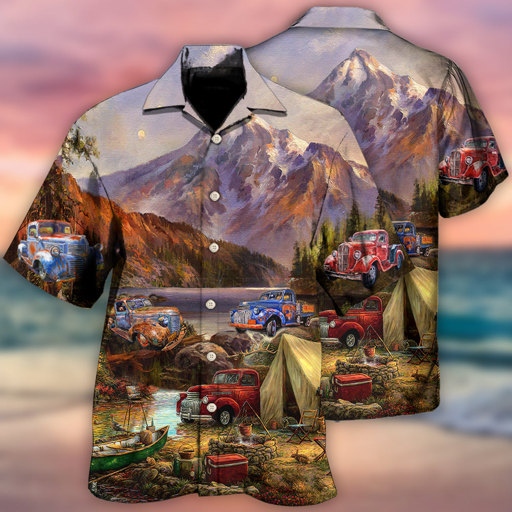 Camping Car Mountain Outdoor Hawaiian Shirt For Automotive Enthusiasts, Coastal Trips, And Casual Warm Weather Style