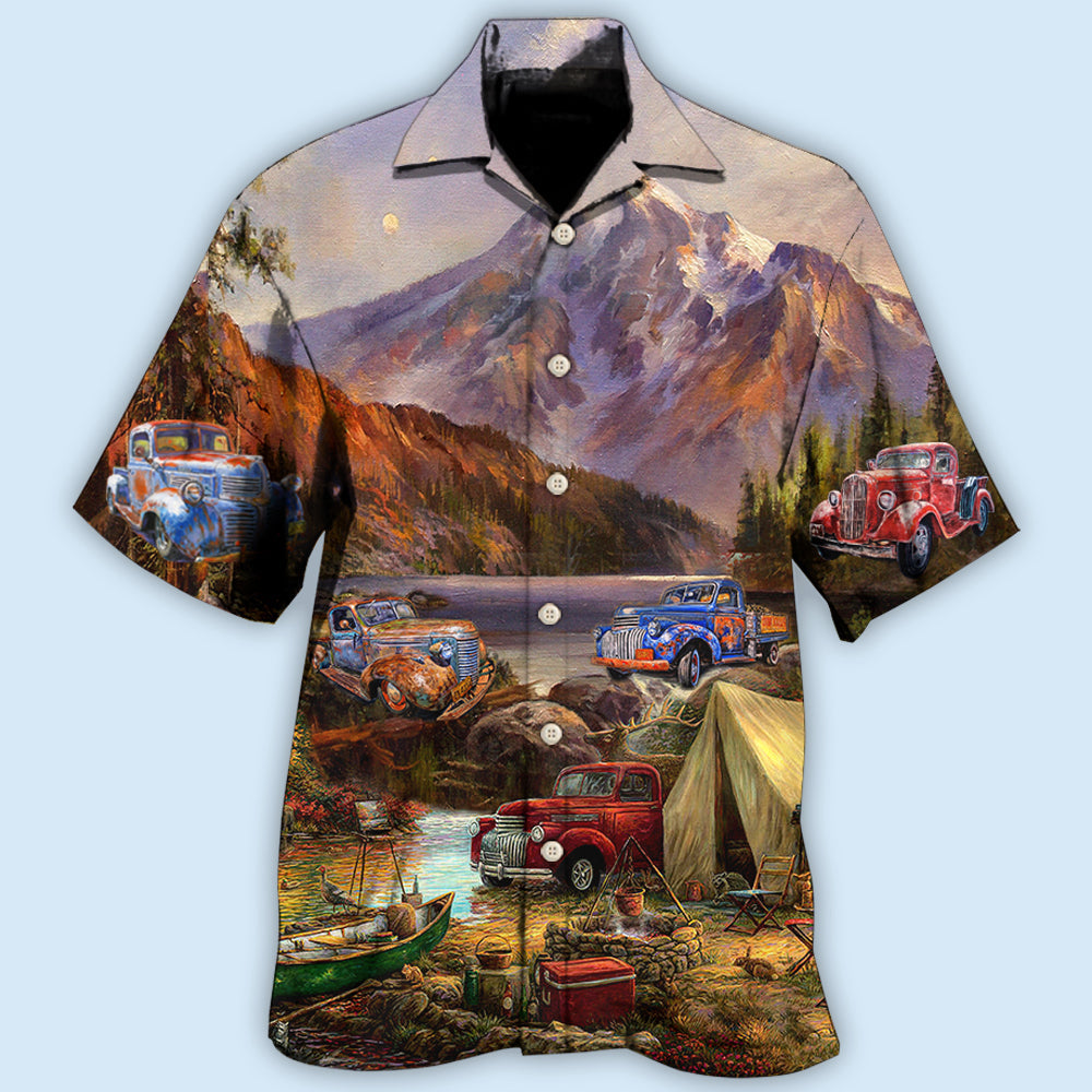 Camping Car Mountain Outdoor Hawaiian Shirt For Automotive Enthusiasts, Coastal Trips, And Casual Warm Weather Style