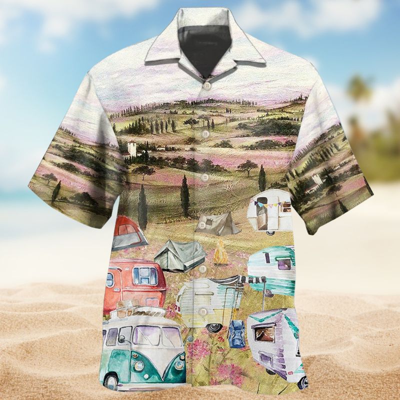 Camping Immense Meadow Hawaiian Shirt For Summer Vacation, Beach Travel, And Casual Wear
