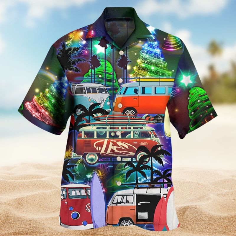 Festive Camping Van Christmas Hawaiian Shirt For Festive Events, Island Vacations, And Comfortable Casual Outfits