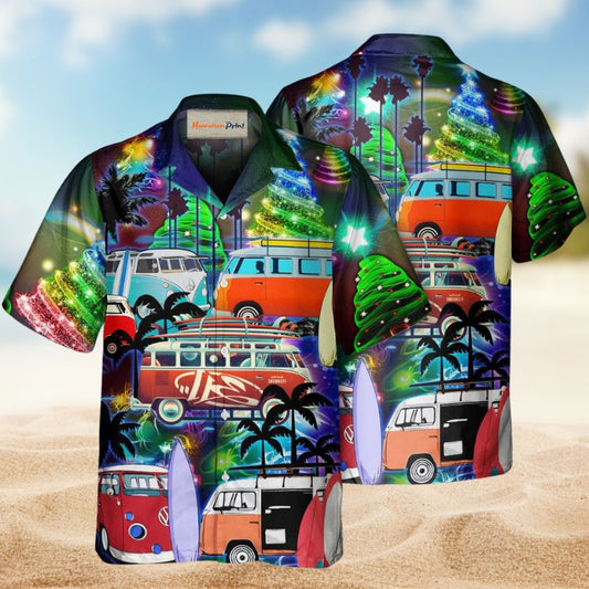 Festive Camping Van Christmas Hawaiian Shirt For Festive Events, Island Vacations, And Comfortable Casual Outfits