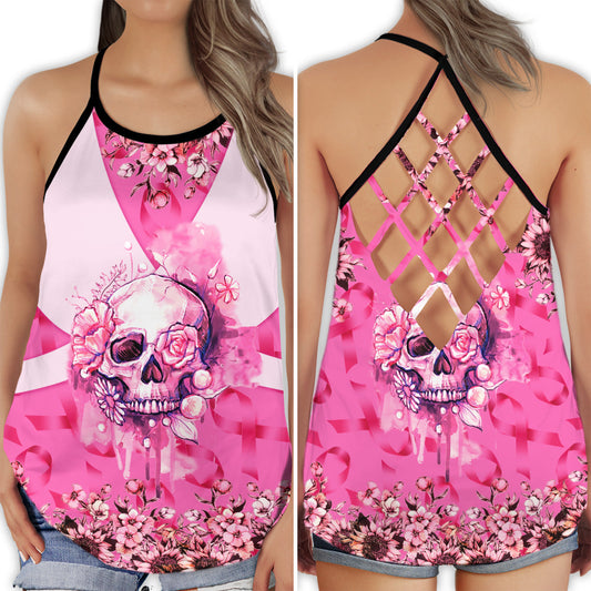 Breast Cancer Floral Skull Hollow Tank Top For Community Events And Positive Support