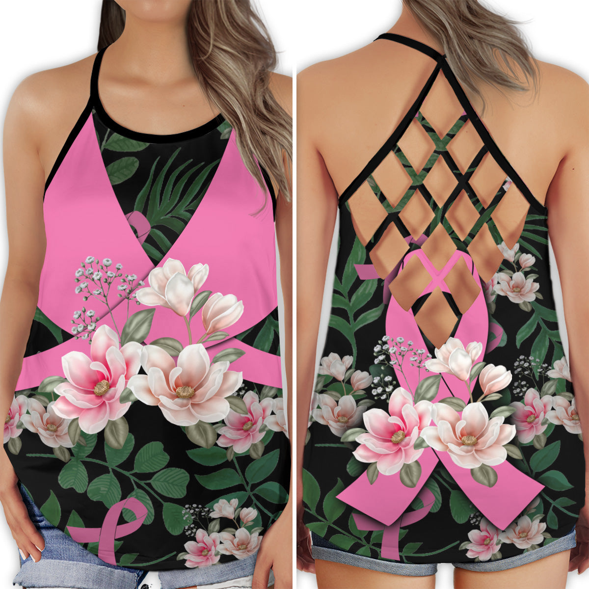 Breast Cancer Strong Floral Support Hollow Tank Top For Community Events And Positive Support