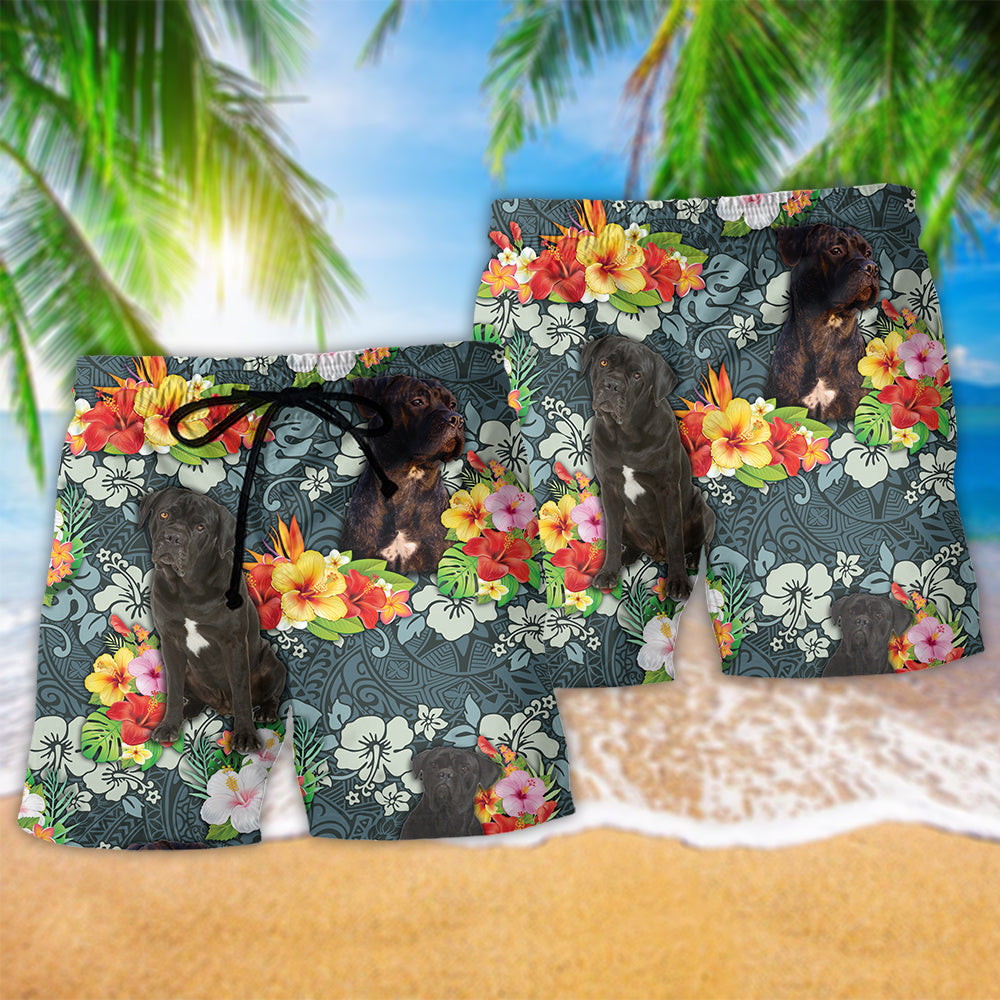 Tropical Floral Cane Corso Beach Shorts Pattern Detail For Island Trips And Travel Ready Comfort