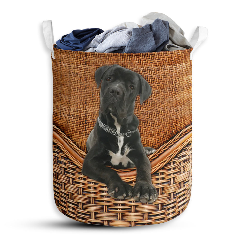 Small Size Cane Corso Dog Rattan Texture Laundry Basket For Bathroom Bedroom Storage