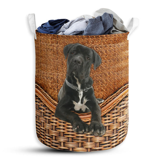 Small Size Cane Corso Dog Rattan Texture Laundry Basket For Bathroom Bedroom Storage