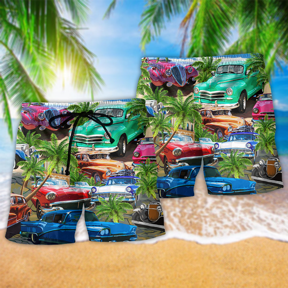 Classic Car Happy Ride Beach Shorts Design Detail For Coastal Escapes And Daily Wear