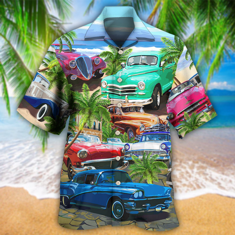 Vintage Classic Car And Tropical Beach Hawaiian Shirt With All Over Print For Summer Travel Coastal Events And Thoughtful