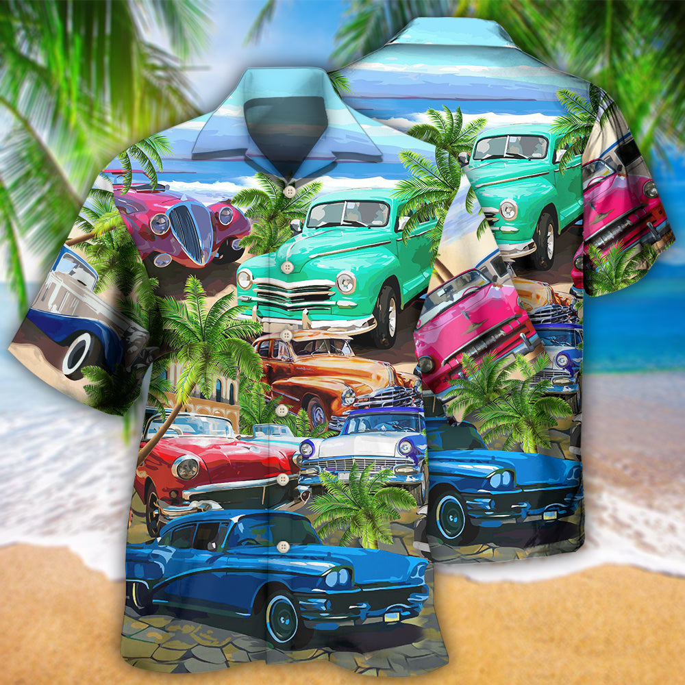 Vintage Classic Car And Tropical Beach Hawaiian Shirt With Detailed Graphic For Summer Travel Coastal Events And Thoughtful