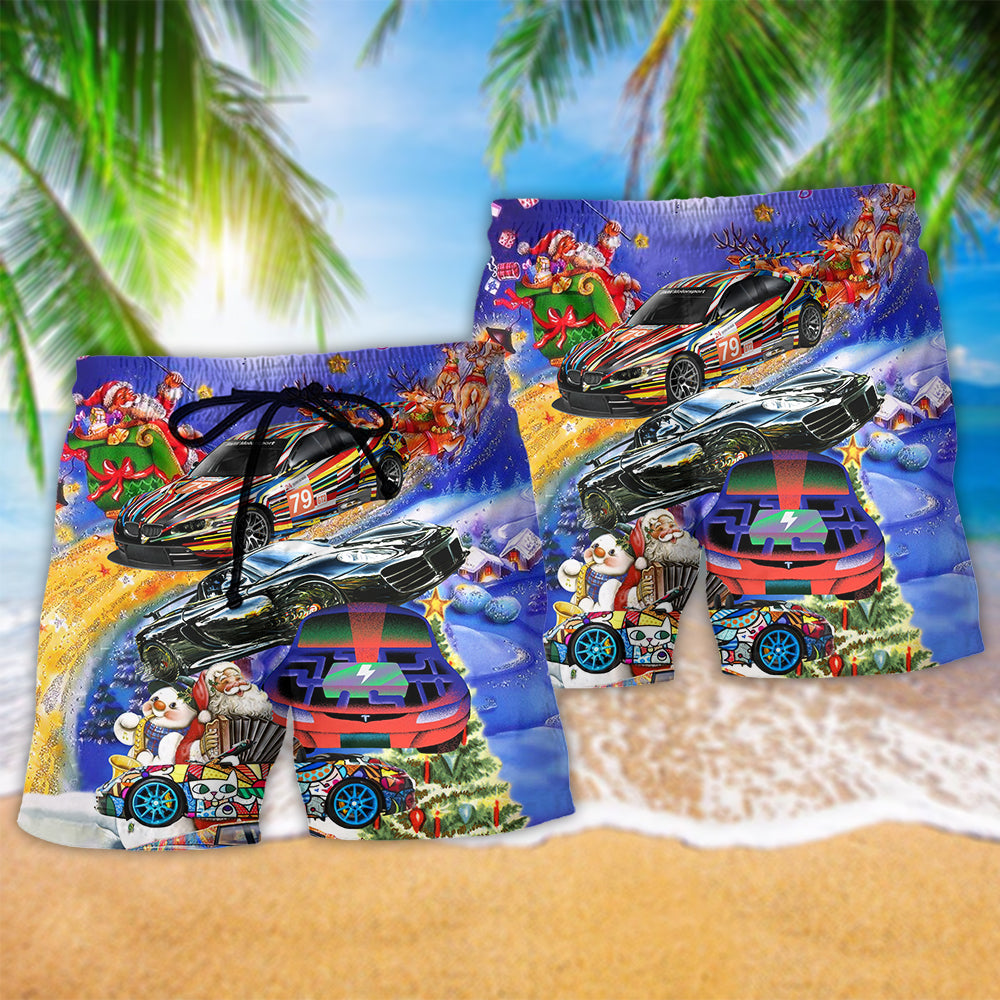 Funny Christmas Car Holiday Beach Shorts Pattern View For Resort Days And Outdoor Activities