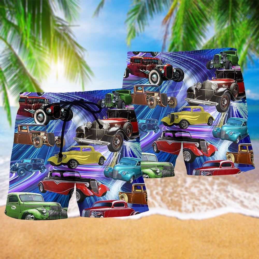 Green Red Car Beach Shorts Pattern Detail For Poolside Fun And Travel Ready Comfort
