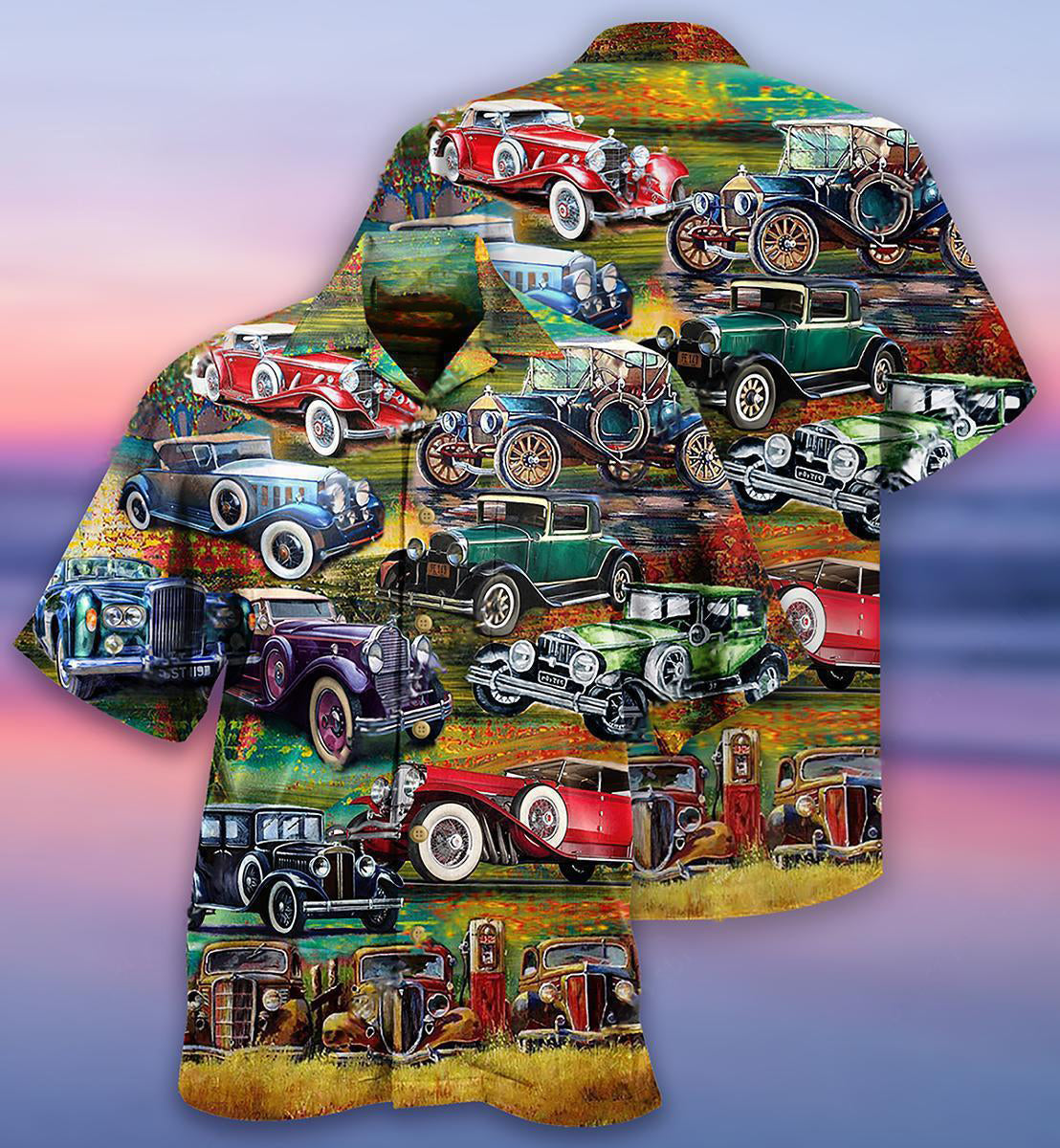 Classic Car Hawaiian Shirt With Detailed Graphic For Beach Vacations Casual Parties And Warm Weather Style