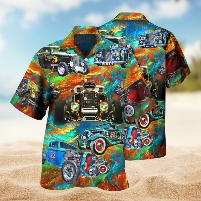 Car Hot Rod Hawaiian Shirt For Summer Vacation, Beach Travel, And Casual Wear