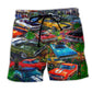 Car In Garden Beach Shorts For Road Trips And Coastal Travel