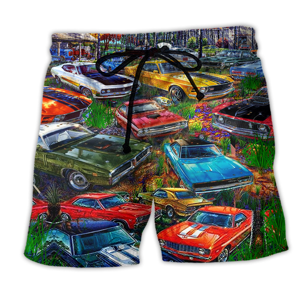 Car In Garden Beach Shorts For Road Trips And Coastal Travel