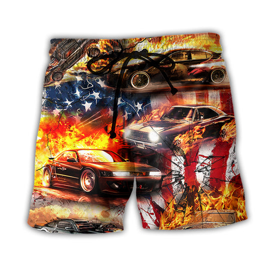 Independence Day Fire Car Beach Shorts For Resort Getaways And Laid Back Styling