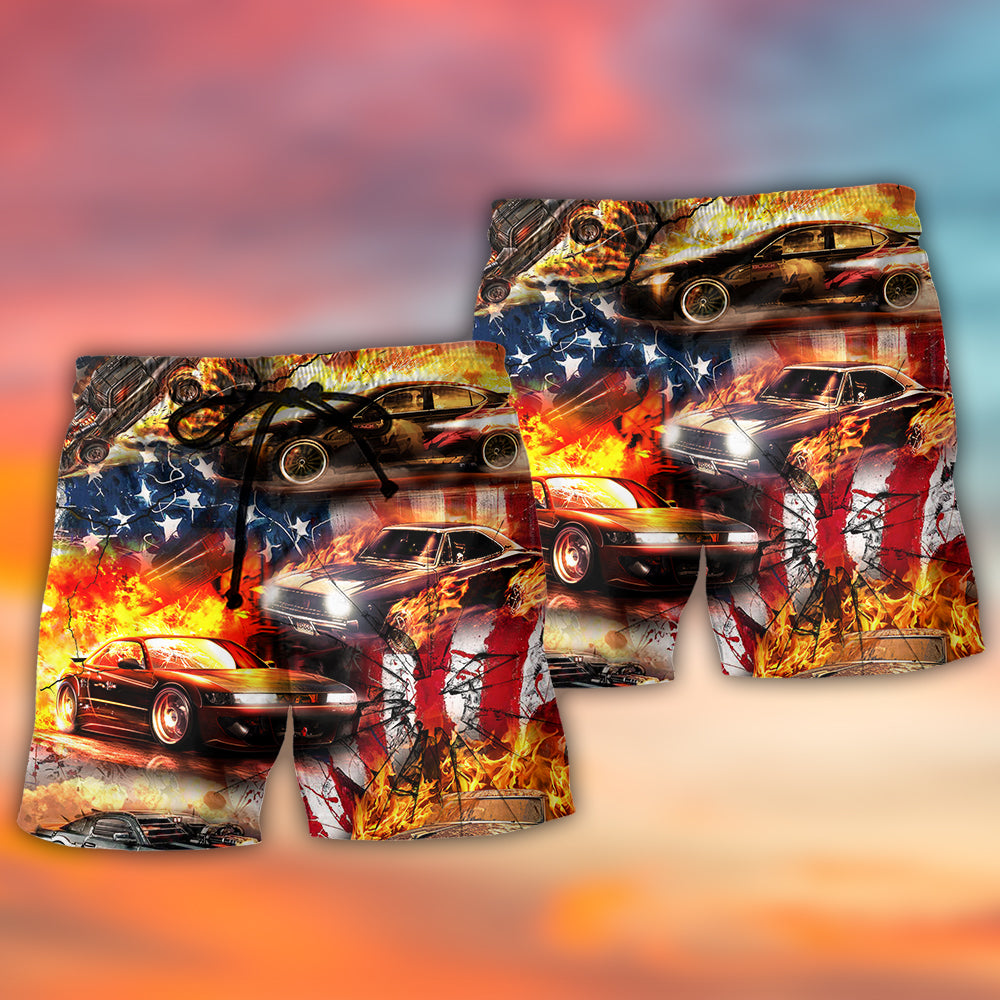 Independence Day Fire Car Beach Shorts Pattern Detail For Poolside Fun And Laid Back Styling