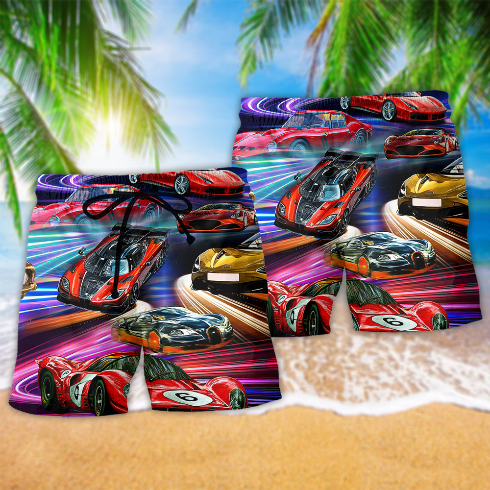 Classic Car Beach Shorts Pattern Detail For Coastal Travel And Easy Warm Weather Wear